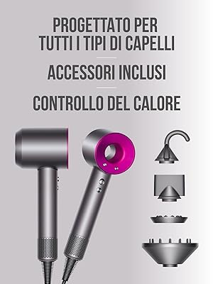 Asciugacapelli super potente con tecnologia agli Ioni con 5 accessori