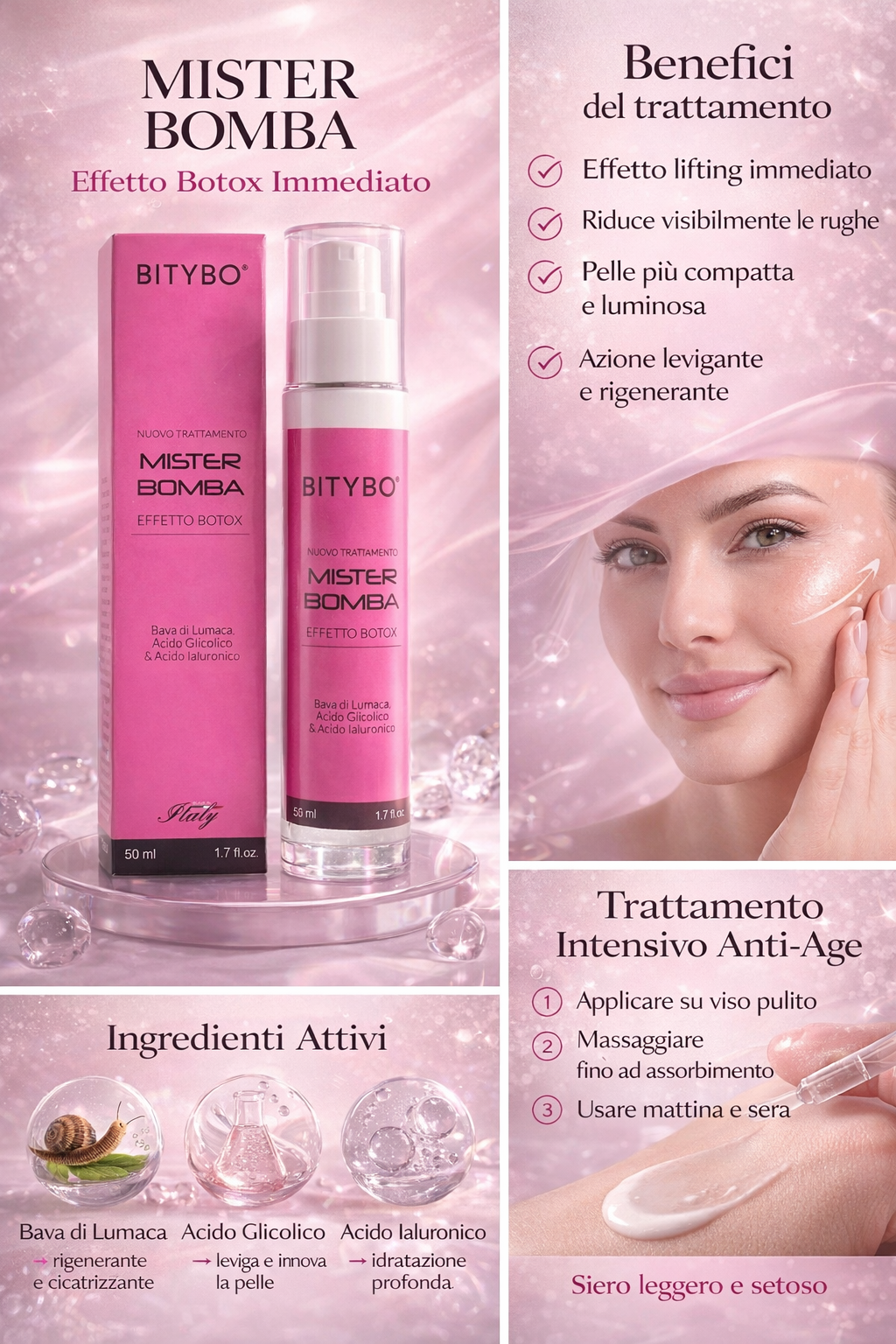 Mister Bomba BITYBO – Crema Viso Effetto Botox con Bava di Lumaca, Acido Ialuronico e Acido Glicolico